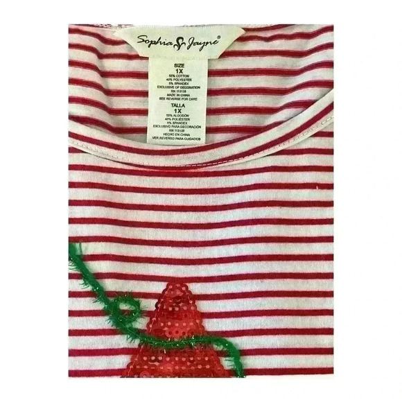 Sophia Janye SIZE-1X Sequined Christmas Tree Red/White Striped Top - Picture 3 of 4